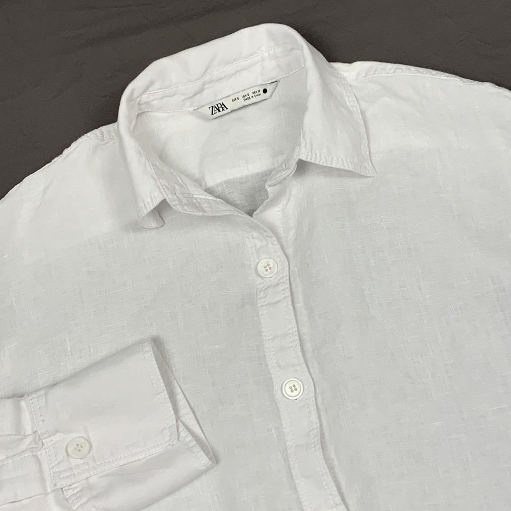 Zara 100% Linen White Cropped Shirt Womens S Boxy Button Down Long Sleeve